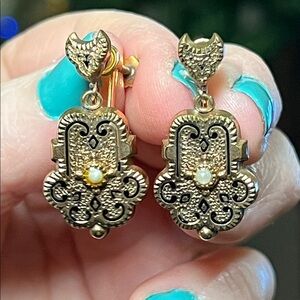 Antique Victorian 12k Gold Filled Black Enamel Pearl Screw Back Dangle Earrings